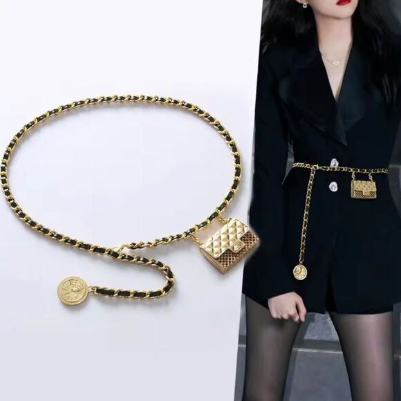 Anthropologie Accessories - Anthro Black Gold Chain Belt With Designer Mini Charm Bag